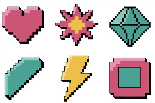 Charming collection of pixel icons for game design, retro aesthetic, and tech projects vector