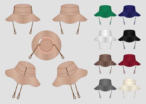 Detailed Bucket Hat Techpack Design Featuring Front, Back, Side and Bottom Views with Multiple Color Variations. Clean and Professional Technical Illustration Suitable for Fashion Design Projects vector