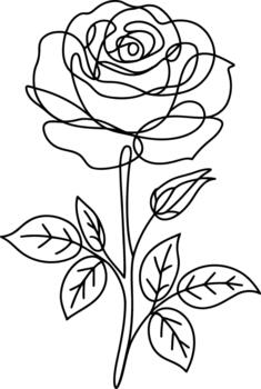 Single line drawing of a rose flower with buds and leaves continuous line outline vector