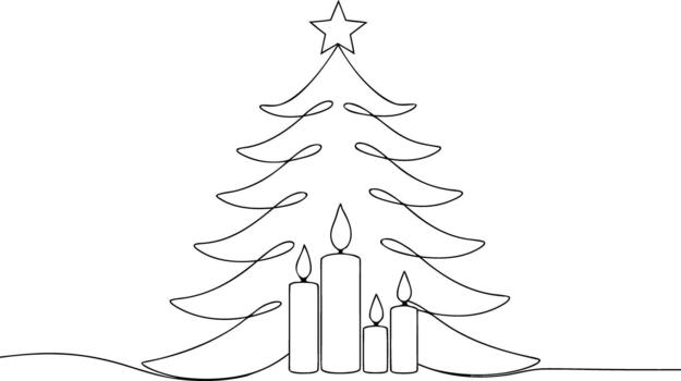 Christmas tree with lit candles in continuous line art vector
