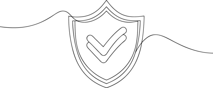 Black line art shield with check mark on white security vector
