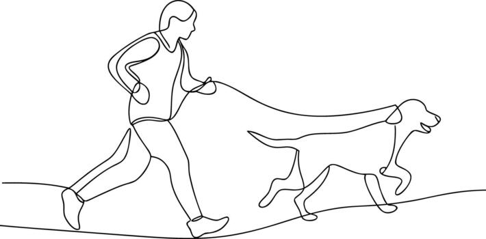 persona corriendo con perro en Correa continuo línea dibujo vector