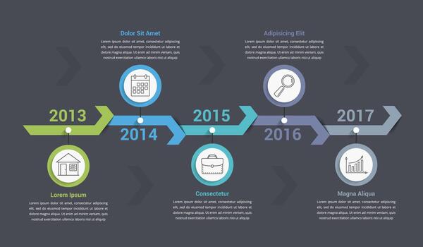 Timeline infographics template with arrows, workflow or process diagram, dark background vector