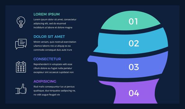 Infographic template with a male face divided on 4 parts representing different aspects or categories of information, dark background vector