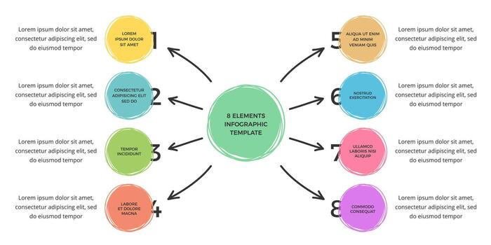 Doodle style - infographic template with main circle and eight elements for your text, hand drawn circles and arrows vector