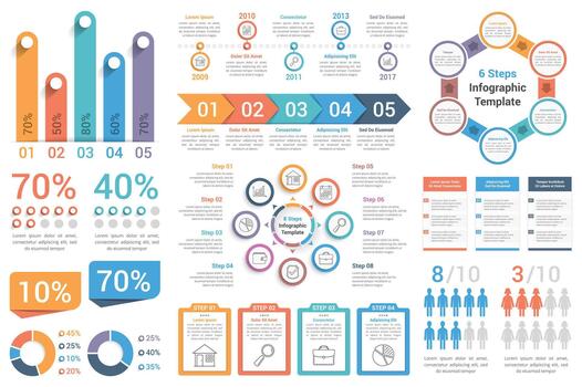 Set of most useful infographic elements - bar graphs, human infographics, pie charts, steps and options, workflow, percents, circle diagrams, timeline vector