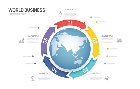 World business infographic circular circle arrow chart template 5 options, presentation with Globe and Icons elements. vector