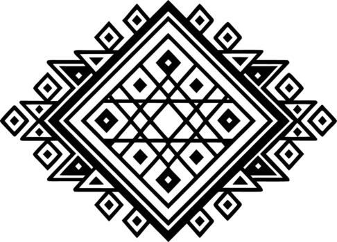 Intricate geometric diamond pattern with tribal motifs.A black and white graphic design featuring a central diamond shape surrounded by repeating geometric patterns and tribal inspired elements. vector