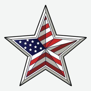 American flag star emblem with metallic outline.A five-pointed star design featuring the American flag pattern within its segments and a distinct metallic border. vector
