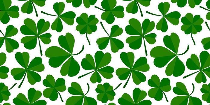 Horizontal green seamless pattern with falling leaves on a white background is a illustration of a shamrock or clover leaf. vector