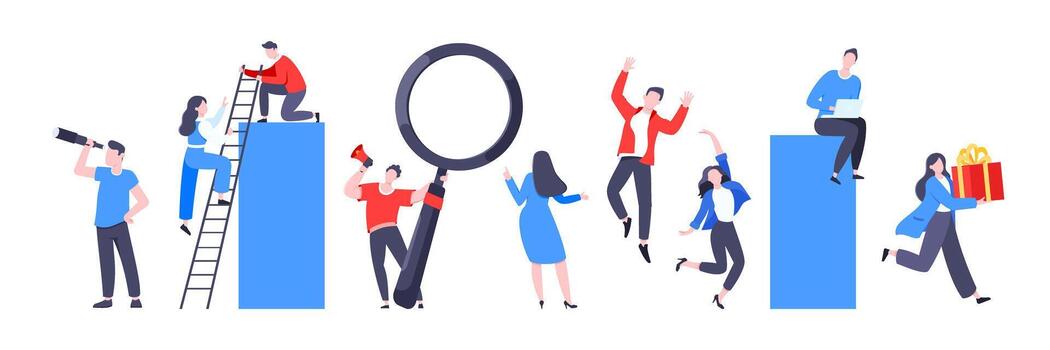 Teamwork concept tiny people characters working together business concept elements set vector