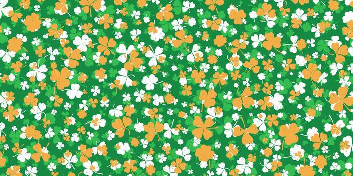 Shamrock or green clover leaves pattern background flat design illustration. St Patrick Day shamrock symbols decorative elements horizontal pattern texture. vector
