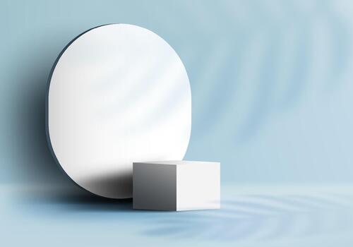 Circular mirror and cube on blue backdrop vector