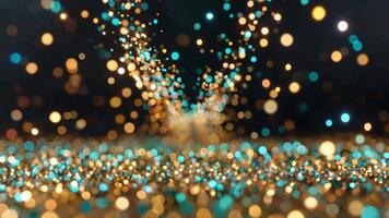 en skön abstrakt bakgrund av guld och blå bokeh partiklar. de gnistrande glitter flyter och stiger från en lysande golv, skapande en magisk, festlig atmosfär för en firande. video