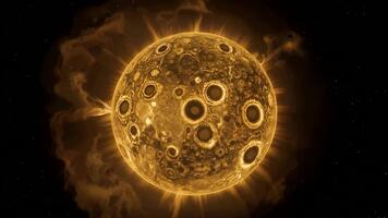 en lysande gyllene planet eller måne täckt i kratrar flytande i djup Plats. de himmelsk kropp avger en dimmig orange aura mot en starry bakgrund, skapande en mystisk sci-fi atmosfär. video