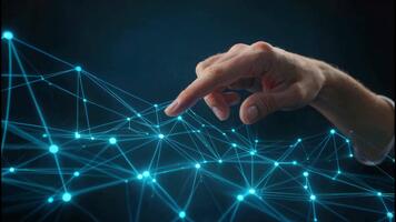 närbild av en finger rörande en lysande blå plexus nätverk. begrepp av digital förbindelse, trogen teknologi, data, ai, och interagera med en virtuell gränssnitt. video
