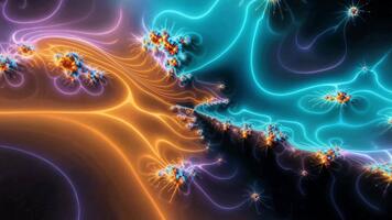 An abstract motion background of a glowing fractal. Intricate patterns of blue and orange energy flow and morph, creating a psychedelic, sci-fi, and complex visual. video