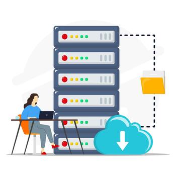 nube almacenamiento concepto, demostración mujer de negocios trabajando en un nube sincronizar centrar computadora tecnología, datos almacenamiento en nube servidores, en línea almacenamiento acceso, vector