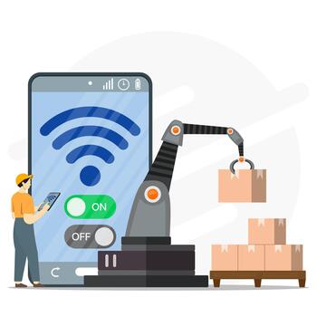 A worker using smartphone to activating digitally robotic arms to moving boxes of goods to be stacked on pallets. Modern industry to inventory management. vector