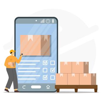 A worker using smartphone to checking packages with digital inventory app on a large smartphone screen. Representing logistics, warehouse management, inventory control, and modern supply operations. vector