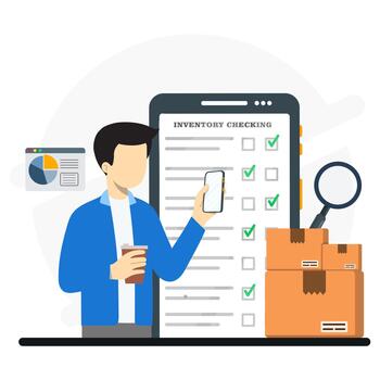 Businessman using smartphone to online inventory checking condition of boxes. Logistics management concept. vector