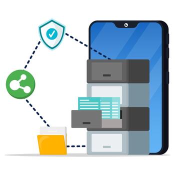 Secure file and document sharing from smartphone. Encrypted storage services ensure privacy, data protection, and safe collaboration through shared digital files. vector