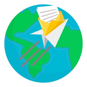 Adobe Illustrator ArtworkVector illustration of global email communication showing paper plane with envelope flying around Earth, symbolizing worldwide messaging, digital mail, and global connection. vector