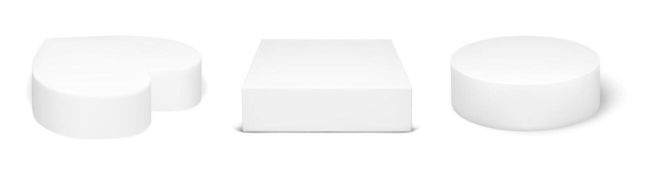 3d white platform set with round cylinder, heart and square cube for product display stand. Circle pedestal, love shape and box base in realistic minimal rendering style. Studio mockup vector