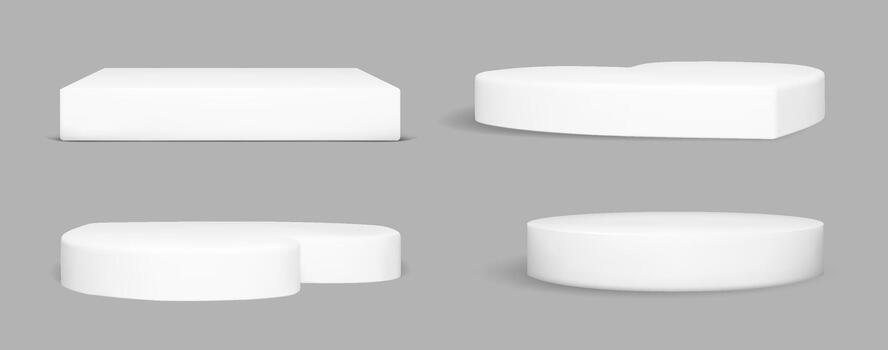 3d white pedestal set with heart, cube and round cylinder for product stand display. Circle platform, square box and love shape in realistic minimal rendering style. Studio mockup isolated vector