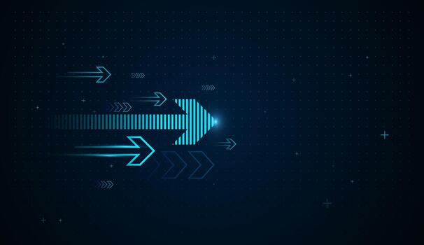 A layered digital arrow rises with intensity, reflecting scalable growth and powerful upward trends in technology. Glowing blue arrows move upward iwith Multiple neon arrows vector