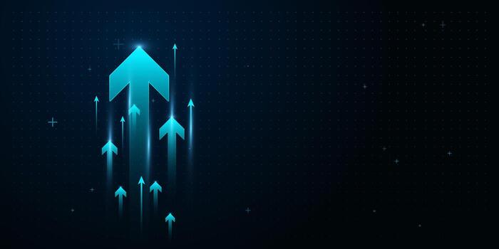 el creciente hacia arriba flechas concepto en azul antecedentes. un tecnológico flechas símbolos de crecimiento, Progreso y logro de innovación éxito. usado para sitios web y aplicaciones vector