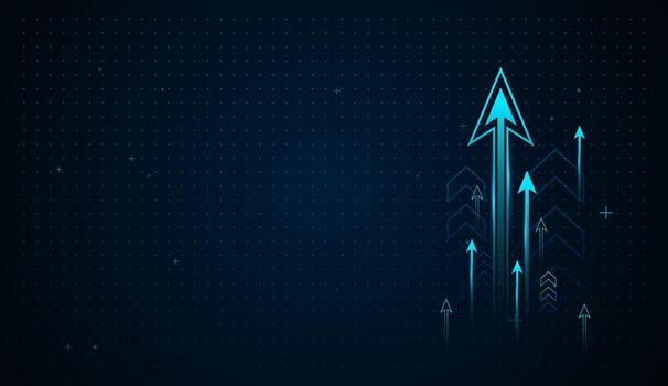 Upward Solumns Light Blue Arrows Growth for Technology Background, Multiple neon arrows surge upward along a curved trajectory, representing accelerating progress vector