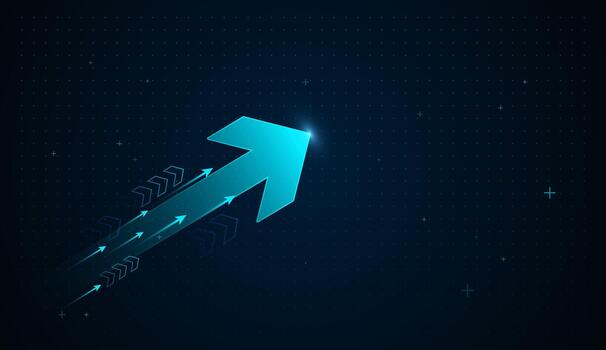 A bold, glowing turquoise arrow shoots upward across a dark digital background, symbolizing rapid technological progress. Smaller arrows trail behind, and forward momentum. vector