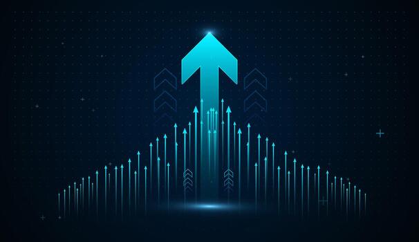 A glowing blue arrow rises from a field of smaller arrows, symbolizing rapid technological growth, innovation, and upward progress in the digital era. digital growth and rising vector