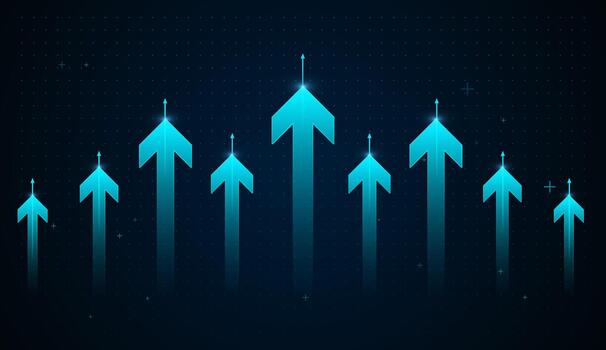 Group of glowing blue upward arrows rising above with smaller arrows, symbolizing strong financial growth and accelerating business performance Concepts vector