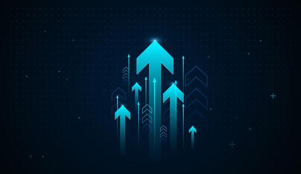 Multiple neon arrows ascend beneath a large glowing arrow, visualizing success, acceleration, and the forward movement of modern technology. illustration vector
