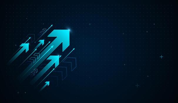 The glowing top arrows symbolizes leadership, innovation as many smaller arrows push upward in a data-driven digital landscape. luminous arrows move upward vector