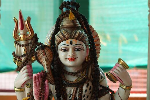 Full view of Shiva statue in small temple pavilion photo