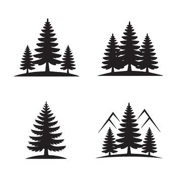 Black silhouettes of diverse coniferous trees create distinct forest scenes, showcasing mountain landscape with transparency vector