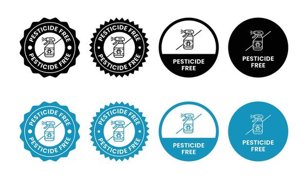 A group of pesticidefree badges showcase spray bottle with cross mark in varied style vector