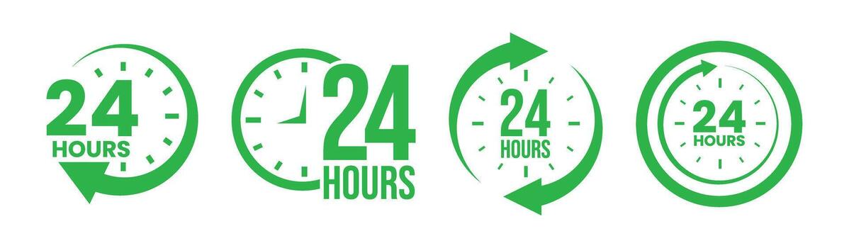 Four green 24 hours service symbols highlight availability and time efficiency against a transparent background vector