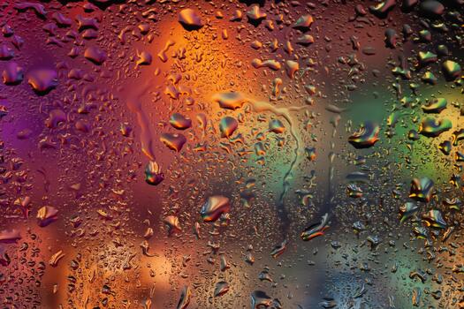 Drops of water on the glass. Drops of rain on the window. Abstract background. Multi-colored spots. Texture of drops. Selective focus photo