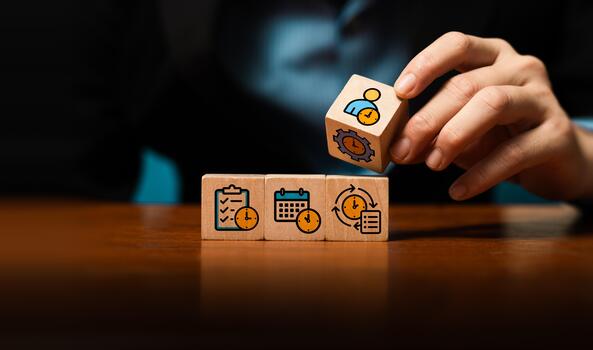 Time management concept with business hand stacking wooden blocks showing clock, calendar, checklist and workflow icons, symbolizing productivity, efficiency, task planning, effective organization photo