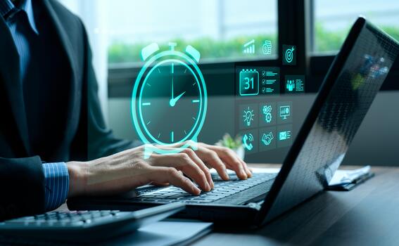 Time management strategy concept with businessman using laptop, digital alarm clock icon, productivity dashboard, task scheduler, and goal planning interface for efficient work organization photo