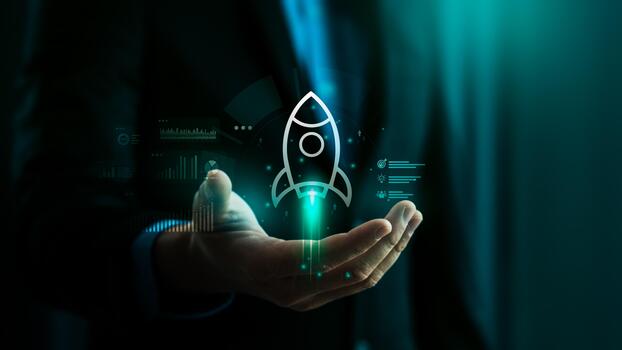 Startup business launch innovation with rocket icon floating above hand, digital data analytics and futuristic technology concept for growth, new project, entrepreneurship, and business development photo