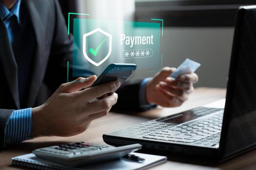 Secure online payment and financial technology concept with user using smartphone and laptop for safe transaction, digital wallet, mobile banking, ecommerce checkout, data protection, cybersecurit photo