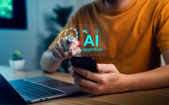 AI-powered suggestion system concept with virtual assistant interface on smartphone, showing artificial intelligence brain icon, idea symbol, and digital interaction in smart technology workspace photo