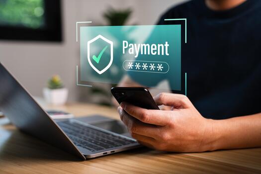 Secure online payment and financial technology concept with user using smartphone and laptop for safe transaction, digital wallet, mobile banking, ecommerce checkout, data protection, cybersecurity photo
