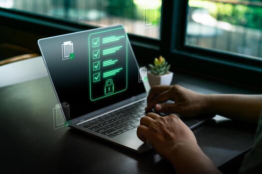 Cybersecurity checklist on laptop screen with digital document protection, data privacy, secure file management, compliance verification, and online information security concept photo