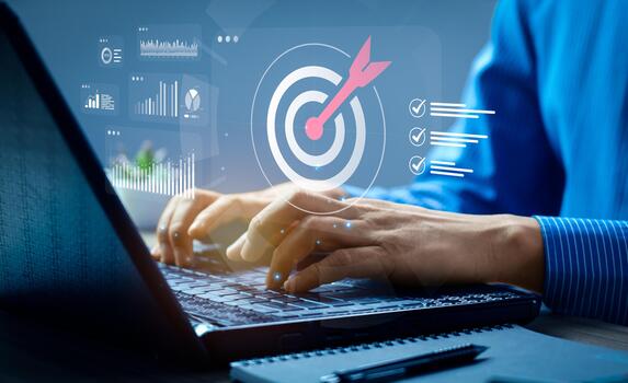 Business target achievement and goal setting strategy with digital checklist and data analytics, businessman working on laptop with financial report and planning concept for success in organization photo